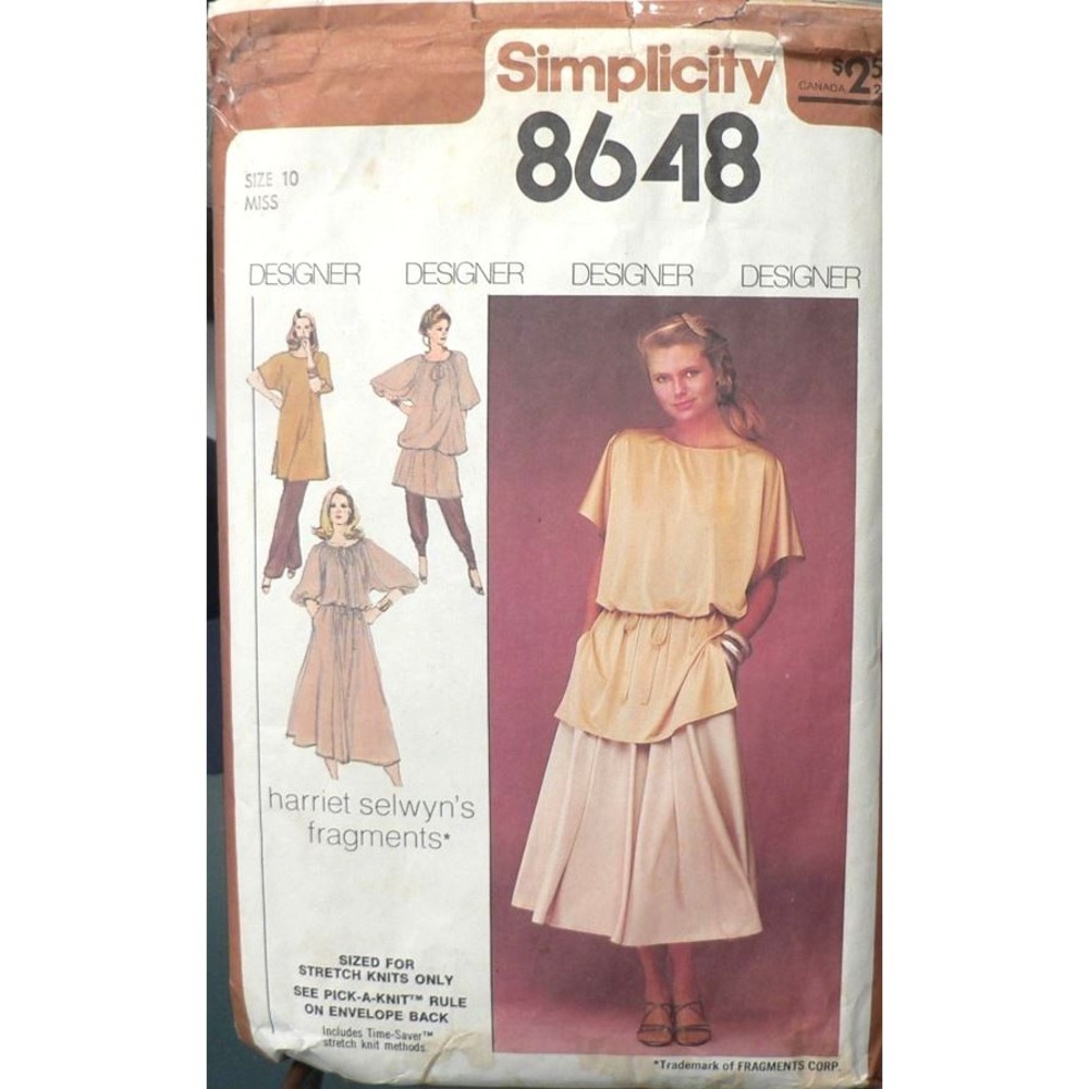 Vintage Simplicity Sewing Pattern #8648 Pullover Dress Tunic Pants Skirt 10 Cut